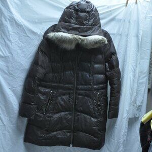 Laundy by Shelli Segal XL Brown Long Puffer Coat W/ Fur Trim Hood